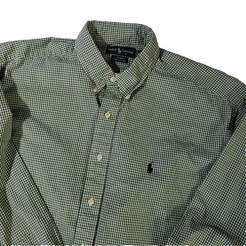 Ralph Lauren Blake Shirt Men Size XL Green White Gingham Long Sleeve 100% Cotton